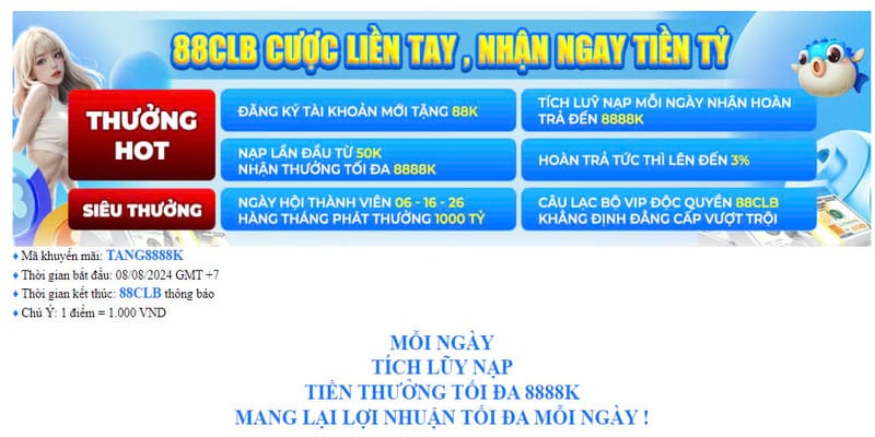 Khuyến mãi 8CLB thưởng nạp đầu lên đến 8,888K